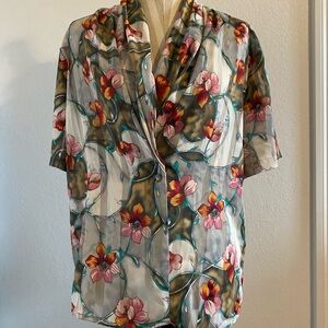 80s Vintage Sheer Floral Button Blouse XL Plus